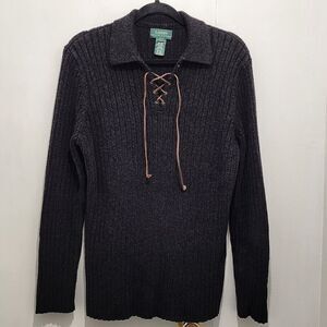 Ralph‎ Lauren Women’s Silk Blend Leather Tie Neck Pullover Sweater Large